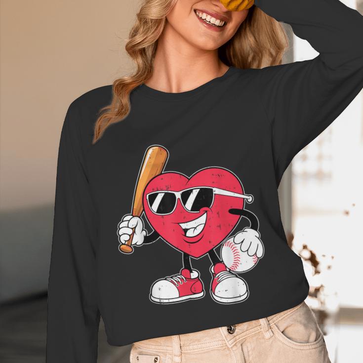 Heart Play Baseball Valentine's Day Teens Boys Girls Kids Unisex Long Sleeve T-Shirt
