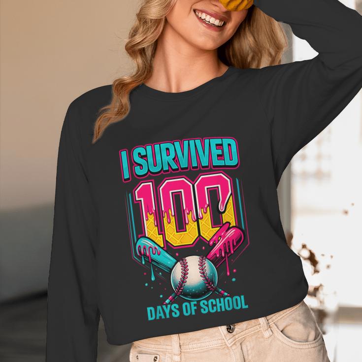 HUGvyn I Survived 100 Days Baseball Teacher Ice Cream Drip Unisex Long Sleeve T-Shirt