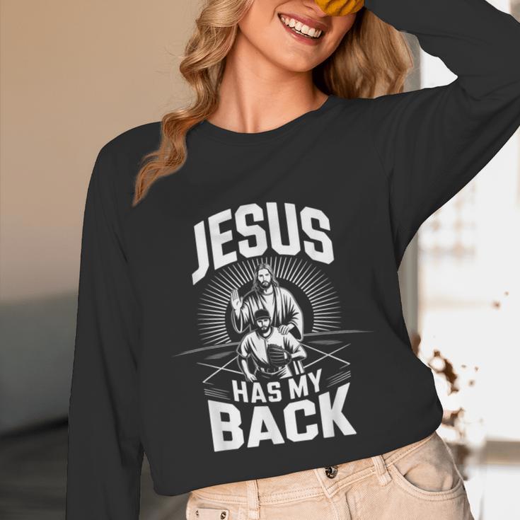 Jesus Has My Back Baseball Faith Motivation Tee Christian Unisex Long Sleeve T-Shirt