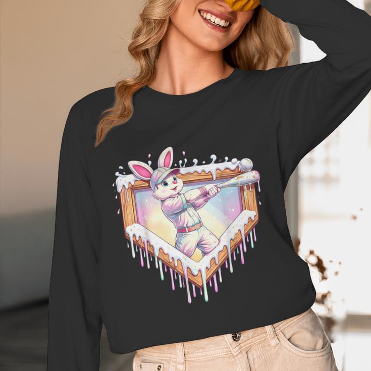 Kids Happy Easter Bunny Playing Baseball Boy Ice Cream Drip Unisex Long Sleeve T-Shirt