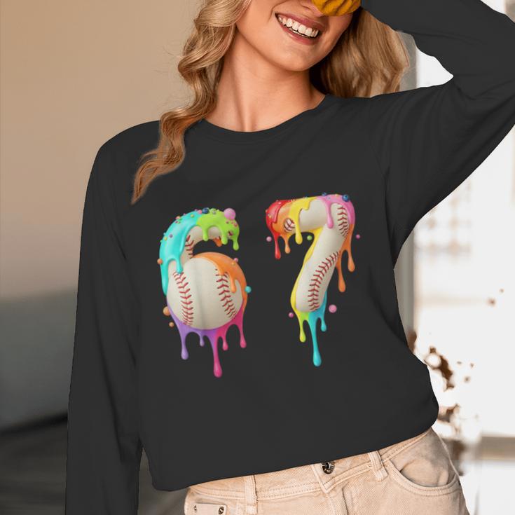 Kids Meme 67 Number Six 6 Seven 7 Ice Cream Drips Baseball Unisex Long Sleeve T-Shirt