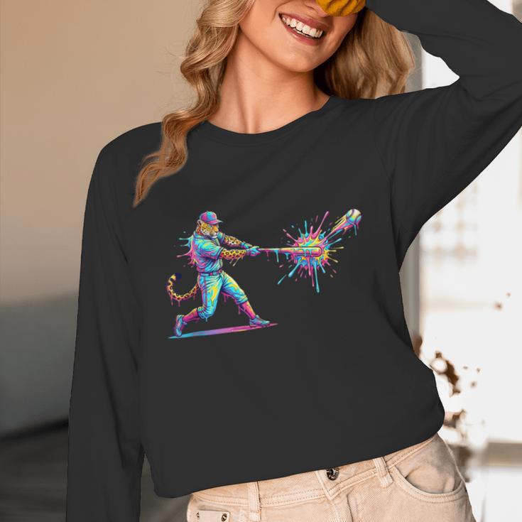 Leopard Baseball Player Ice Cream Drip For Boys Kids Unisex Long Sleeve T-Shirt
