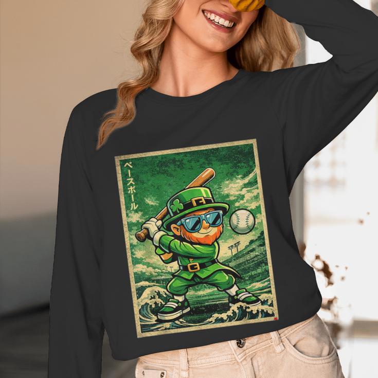 Leprechaun Playing Baseball Japanese Art St Patricks Day Unisex Long Sleeve T-Shirt