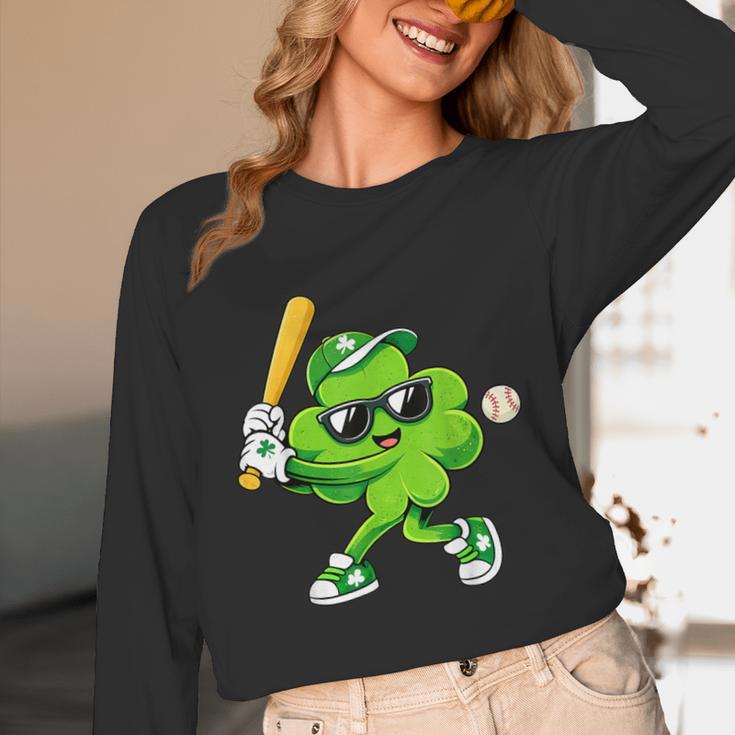 Lucky Shamrock Playing Baseball St Patrick's Kids Boys Unisex Long Sleeve T-Shirt