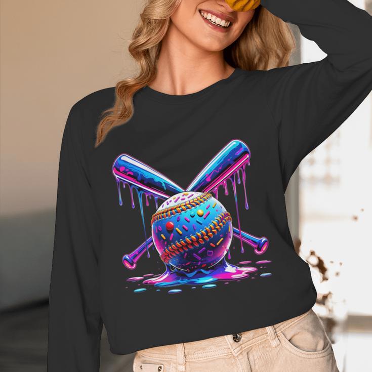Neon Dripping Baseball And Bats Colorful Sports Art Unisex Long Sleeve T-Shirt Neon Dripping Baseball And Bats Colorful Sports Art Unisex Long Sleeve T-Shirt