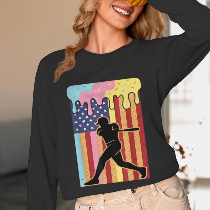 Retro Baseball Drip Boys Ice Cream Patriotic American Flag Unisex Long Sleeve T-Shirt