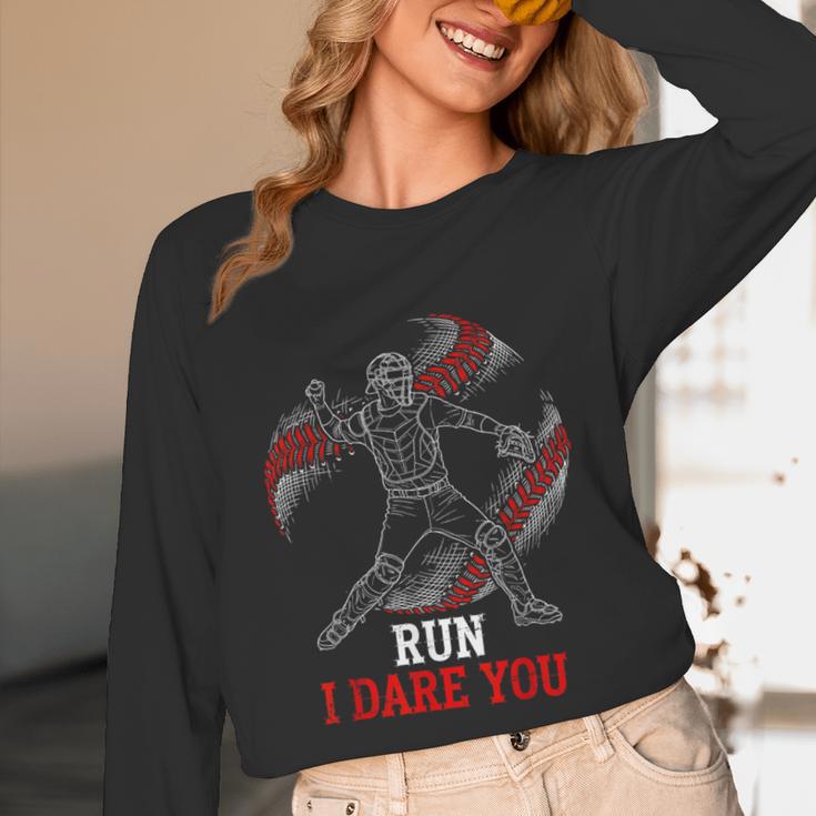 Run I Dare You Baseball Catcher Graphic Players Fans Unisex Long Sleeve T-Shirt