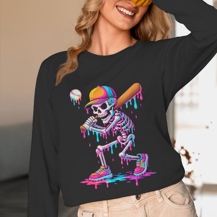 Skelton Playing Baseball Halloween Baseball Drip Boys Kids Unisex Long Sleeve T-Shirt