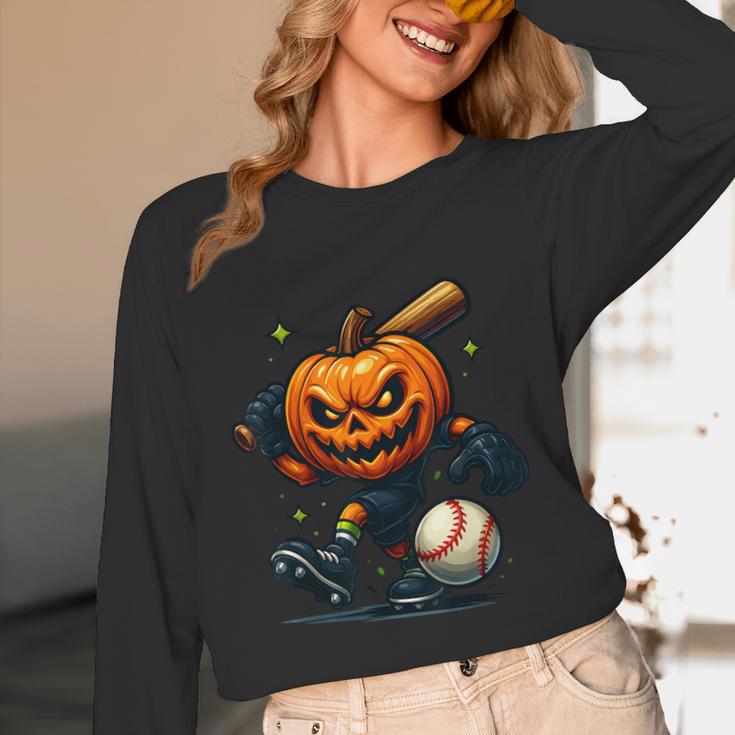 Spooky Halloween Scary Pumpkin Baseball Player Witchy Vibes Unisex Long Sleeve T-Shirt