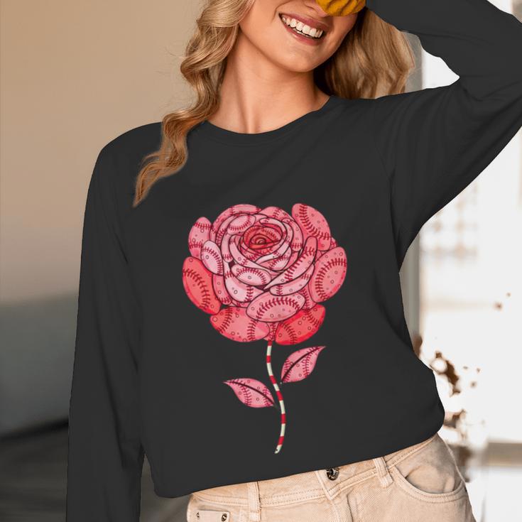 Sporty Rose Graphic With Baseball And Rugby Ball Petals Unisex Long Sleeve T-Shirt