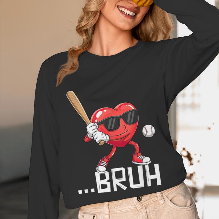 Valentines Bruh Red Heart Playing Baseball Men Boys Kids Unisex Long Sleeve T-Shirt