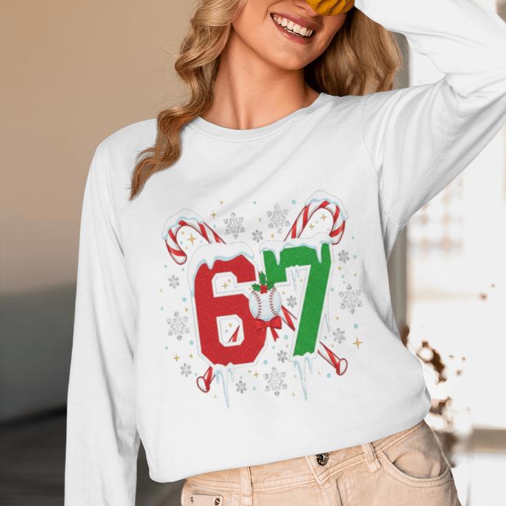 67 Baseball Christmas Candy Cane Snowflake Holiday Sports Unisex Long Sleeve T-Shirt
