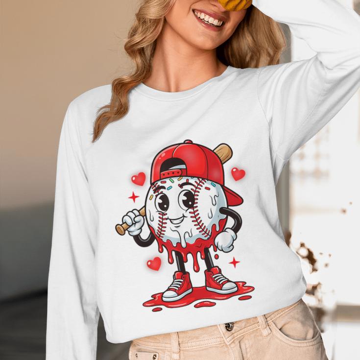 Baseball Ice Cream Valentine Dripping Game Day Men Boys Kids Unisex Long Sleeve T-Shirt