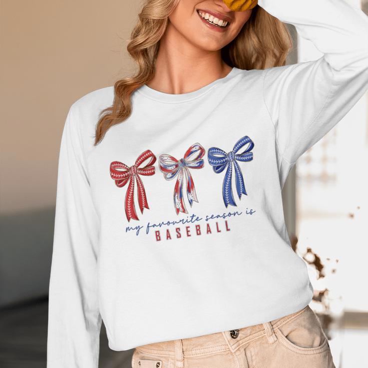 My Favorite Season Is Baseball Coquette Bow Game Day Mom Sis Unisex Long Sleeve T-Shirt My Favorite Season Is Baseball Coquette Bow Game Day Mom Sis Unisex Long Sleeve T-Shirt