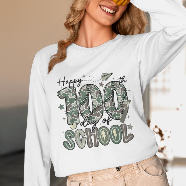 Happy 100th Day Of School Baseball Camo Boys Kids Toddler Unisex Long Sleeve T-Shirt