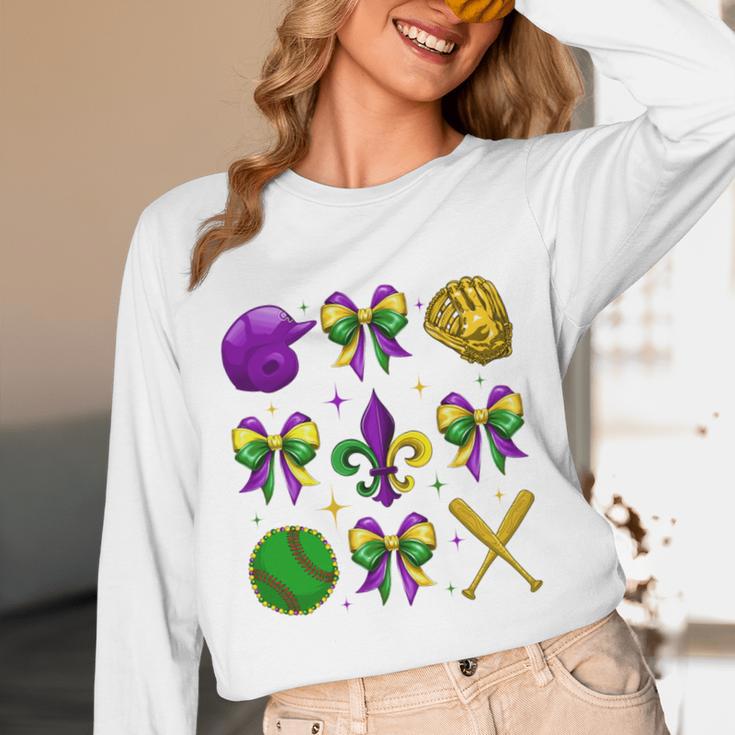 Mardi Gras Baseball Coquette Bow Fat Tuesday Parade Girls Unisex Long Sleeve T-Shirt Mardi Gras Baseball Coquette Bow Fat Tuesday Parade Girls Unisex Long Sleeve T-Shirt