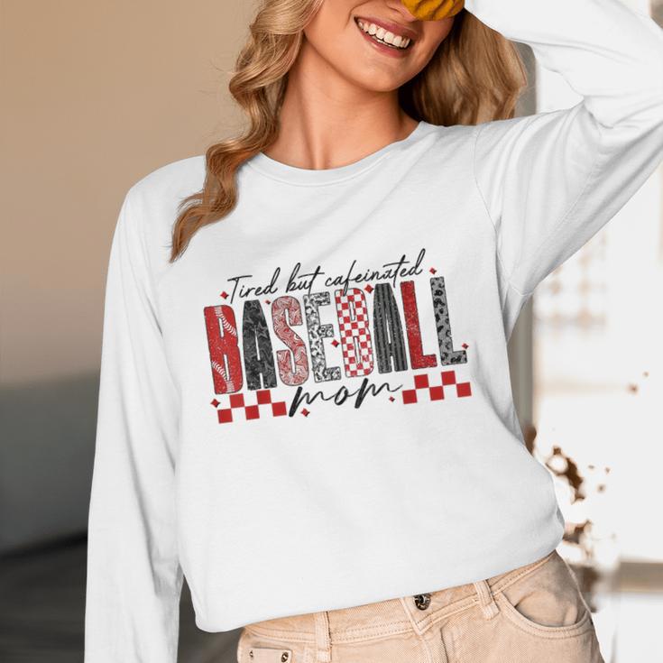 Retro Checkered Tired But Caffeinated Baseball Mom Leopard Unisex Long Sleeve T-Shirt
