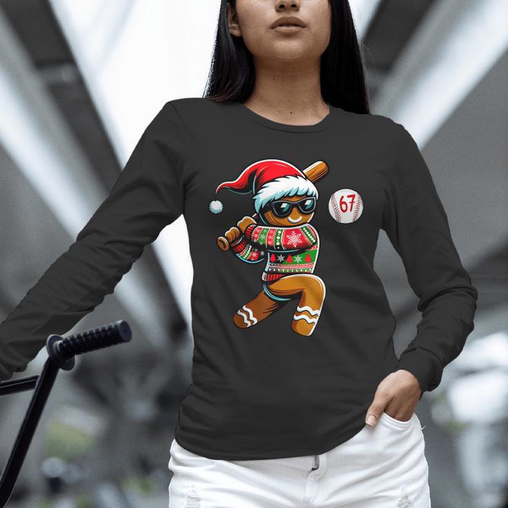 67 Gingerbread Man Playing Baseball Christmas 6 7 Meme Unisex Long Sleeve T-Shirt