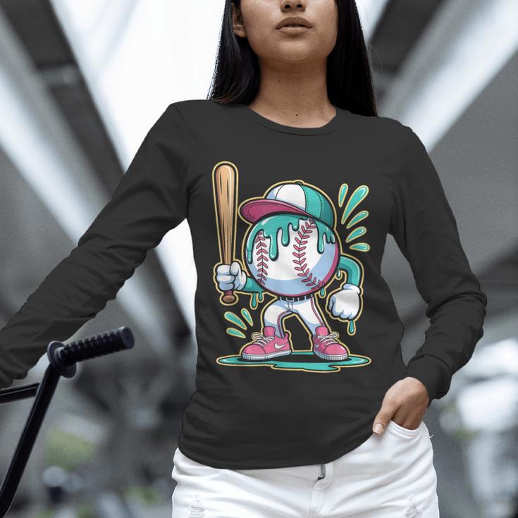Baseball Character Cartoon Batter Drip Style Women Men Unisex Long Sleeve T-Shirt