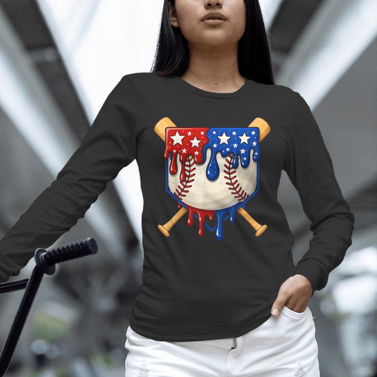 Baseball Drip American Flag Home Plate 4th Of July Patriotic Unisex Long Sleeve T-Shirt