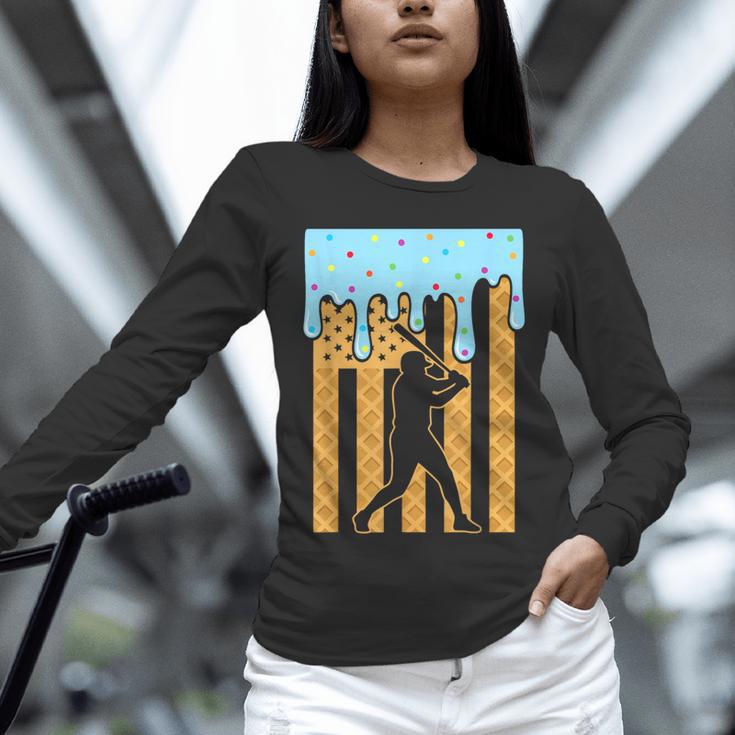 Baseball Drip Dripping Ice Cream Sport Player American Flag Unisex Long Sleeve T-Shirt