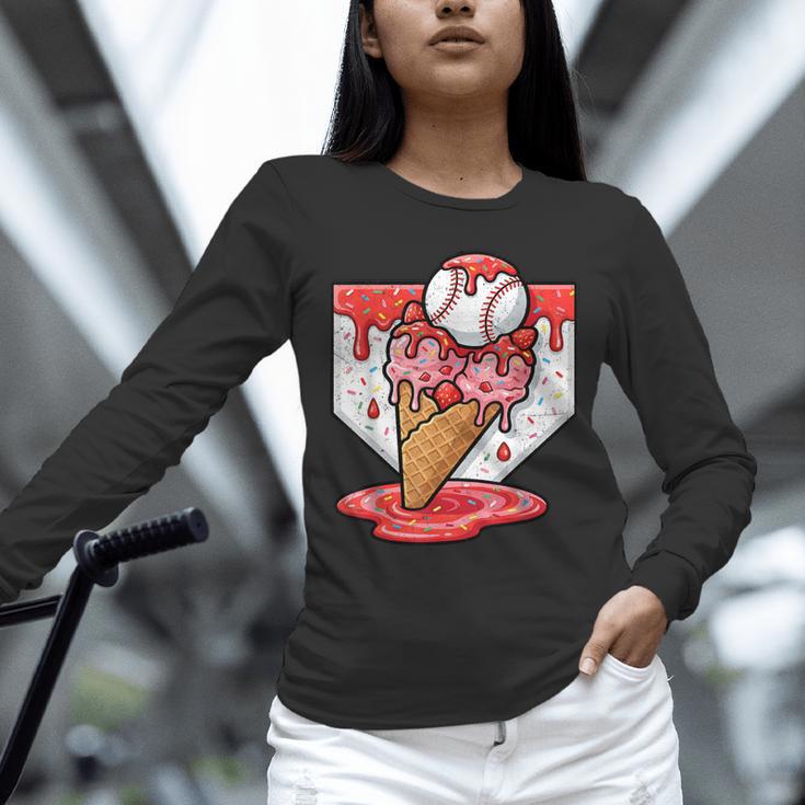 Baseball Ice Cream Drip Baseball Strawberry For Youth Red Unisex Long Sleeve T-Shirt