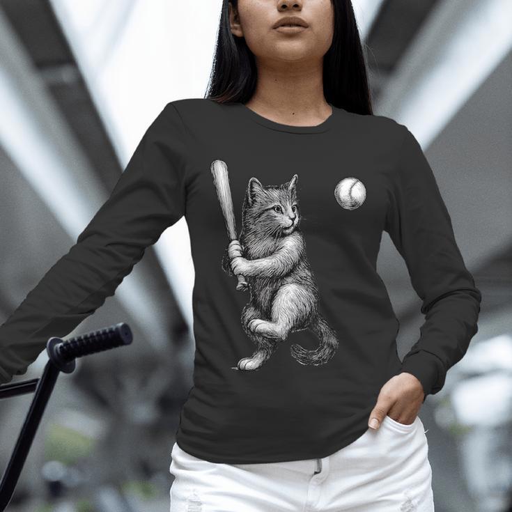 Cute Kitten Playing Baseball Hitter Bat Cool Baseball Cat Unisex Long Sleeve T-Shirt Cute Kitten Playing Baseball Hitter Bat Cool Baseball Cat Unisex Long Sleeve T-Shirt