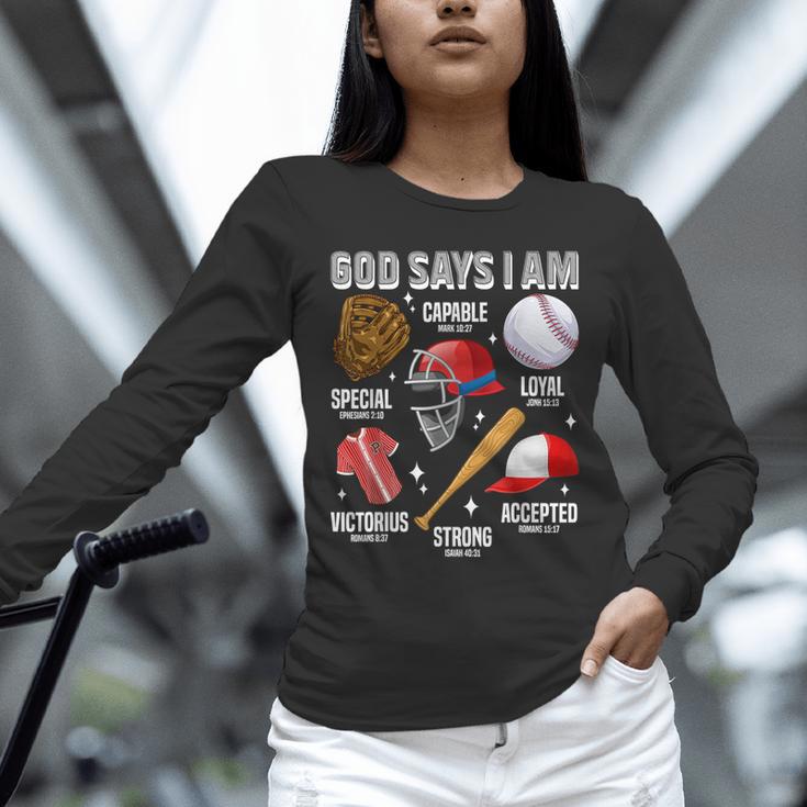 God Says I Am Baseball Player Catcher Pitcher Boys Men Unisex Long Sleeve T-Shirt God Says I Am Baseball Player Catcher Pitcher Boys Men Unisex Long Sleeve T-Shirt