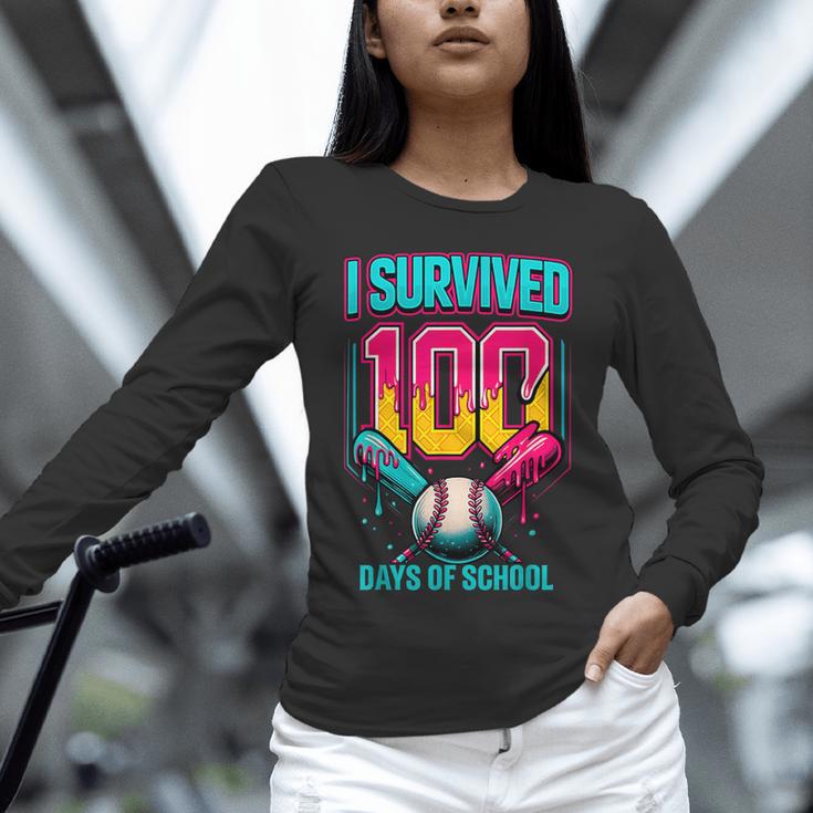 HUGvyn I Survived 100 Days Baseball Teacher Ice Cream Drip Unisex Long Sleeve T-Shirt