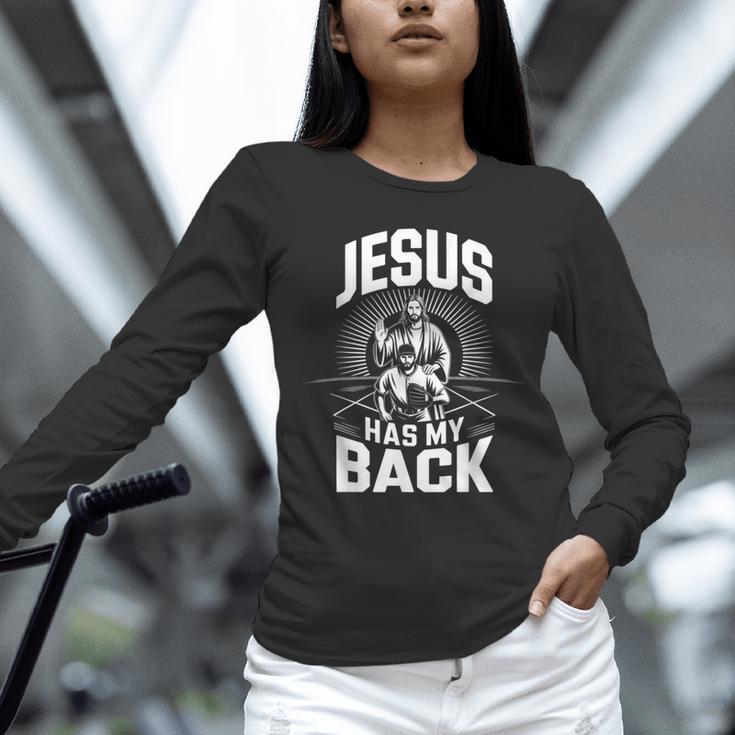 Jesus Has My Back Baseball Faith Motivation Tee Christian Unisex Long Sleeve T-Shirt