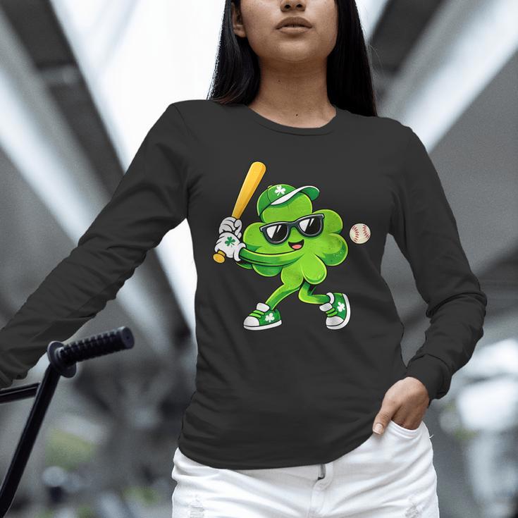Lucky Shamrock Playing Baseball St Patrick's Kids Boys Unisex Long Sleeve T-Shirt