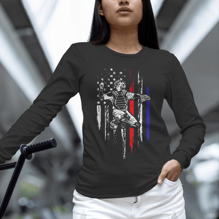 Patriotic Baseball Catcher American Flag Sports Tee Unisex Long Sleeve T-Shirt Patriotic Baseball Catcher American Flag Sports Tee Unisex Long Sleeve T-Shirt