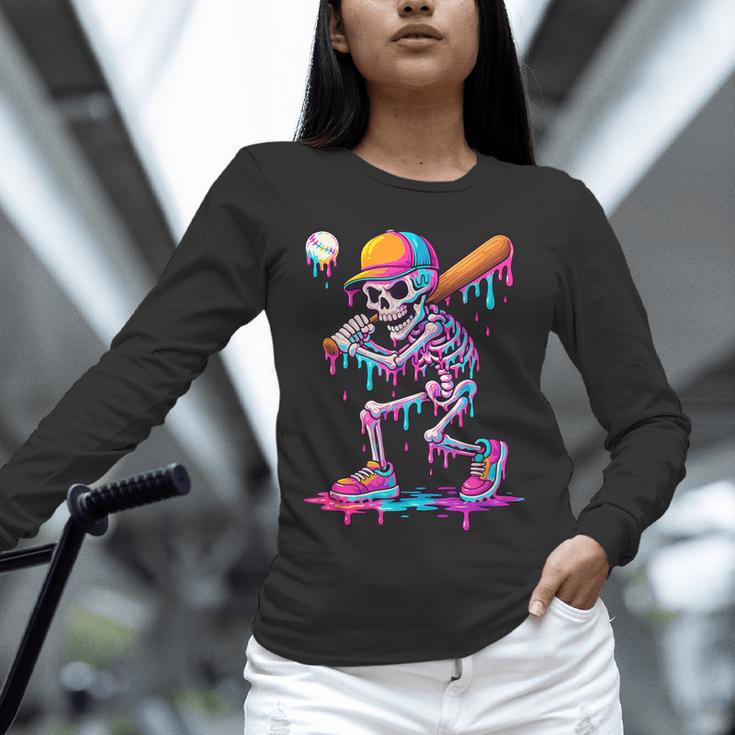 Skelton Playing Baseball Halloween Baseball Drip Boys Kids Unisex Long Sleeve T-Shirt