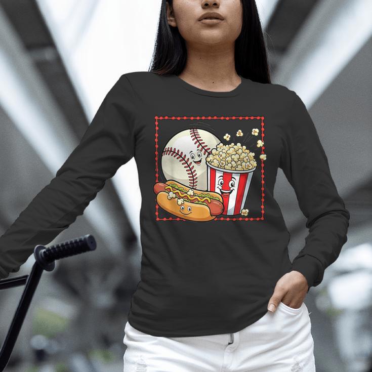 Smiling Baseball Popcorn And Hot-Dog Cartoon Apparel Unisex Long Sleeve T-Shirt