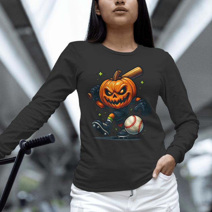 Spooky Halloween Scary Pumpkin Baseball Player Witchy Vibes Unisex Long Sleeve T-Shirt