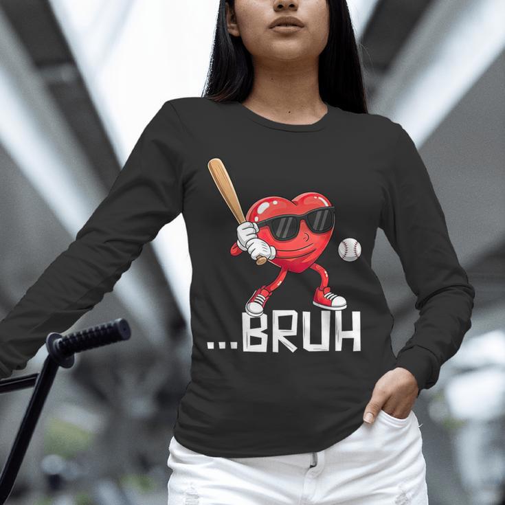 Valentines Bruh Red Heart Playing Baseball Men Boys Kids Unisex Long Sleeve T-Shirt