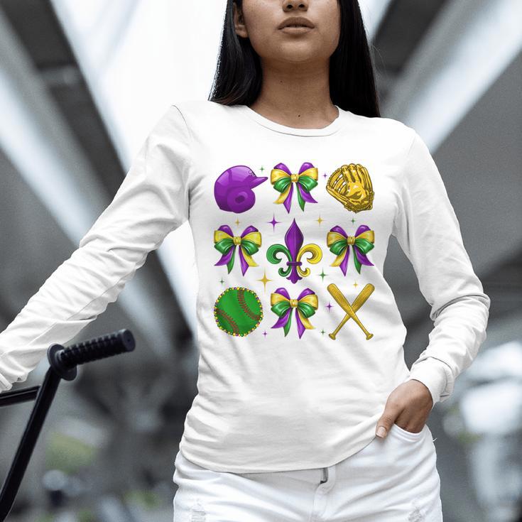 Mardi Gras Baseball Coquette Bow Fat Tuesday Parade Girls Unisex Long Sleeve T-Shirt Mardi Gras Baseball Coquette Bow Fat Tuesday Parade Girls Unisex Long Sleeve T-Shirt