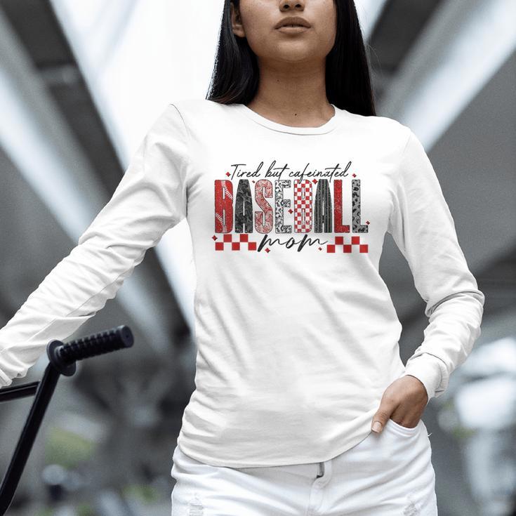 Retro Checkered Tired But Caffeinated Baseball Mom Leopard Unisex Long Sleeve T-Shirt