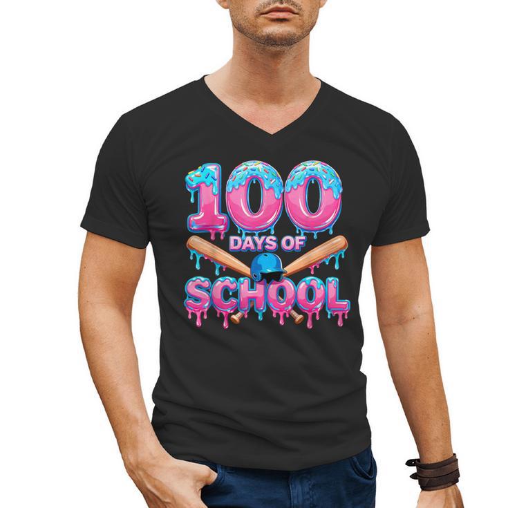 100 Days Of School Baseball Dripping Ice Cream 100th Day Men's V-Neck T-Shirt