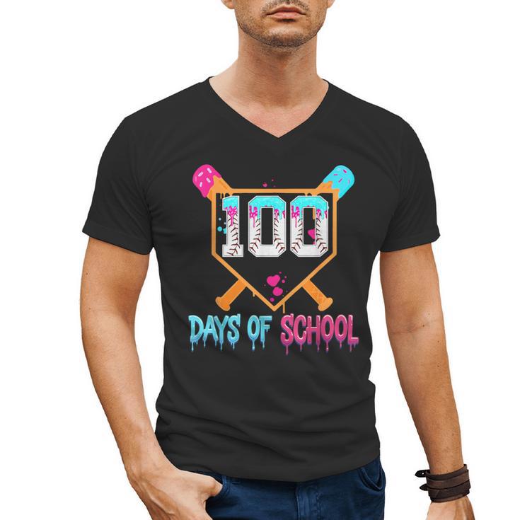 100 Days Of School Baseball Ice Cream Drip 100th Day School Men's V-Neck T-Shirt