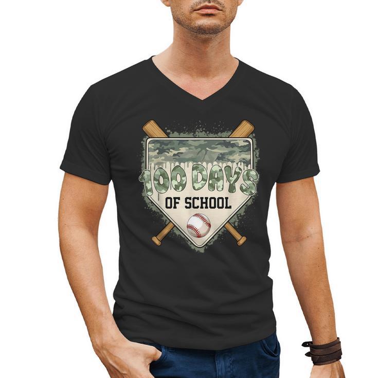 100 Days Of School Home Plate Camo Baseball Dripping Boys Men's V-Neck T-Shirt
