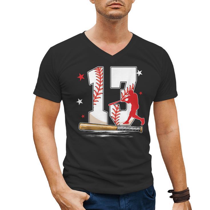 13 Years Old Baseball Birthday Boy 13th Bday Party Men's V-Neck T-Shirt