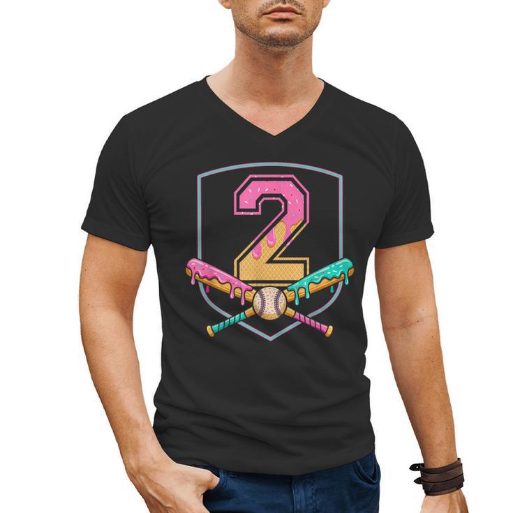 2nd Birthday Baseball Bat Ice-Cream Drip 2yrs Old Boys Kids Men's V-Neck T-Shirt