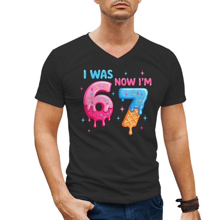 I Was 6 Now I'm 7 Meme Six Seven Baseball 7th Birthday Men's V-Neck T-Shirt