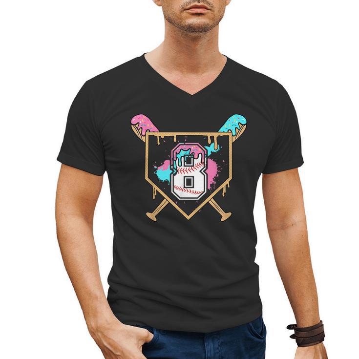 8th Birthday Baseball Bat Ice-Cream Drip 8yrs Old Boys Girls Men's V-Neck T-Shirt