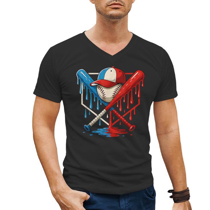 American Baseball Drip Graffiti Ball And Bat Men's V-Neck T-Shirt