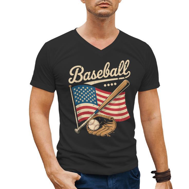 American Flag Baseball Player Bat Fan Catcher Pitcher USA Men's V-Neck T-Shirt