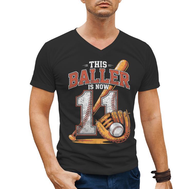 This Baller Is Now 11 Year Baseball Player 11th Birthday Boy Men's V-Neck T-Shirt