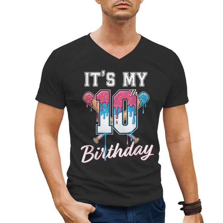 Baseball 10 Year Old Ice Cream Drip 10th Birthday Boys Men's V-Neck T-Shirt