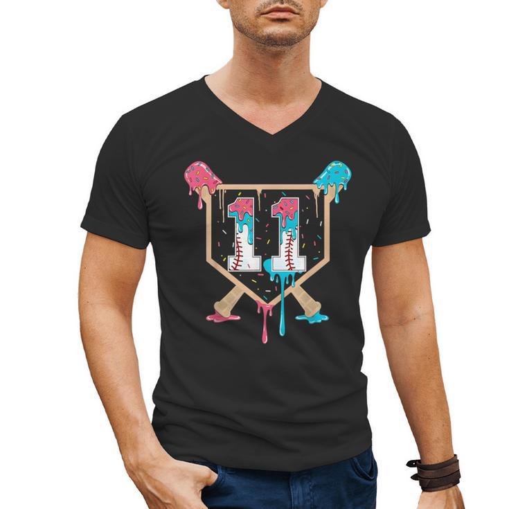Baseball 11 Year Old Ice Cream Drip 11th Birthday Boy Player Men's V-Neck T-Shirt